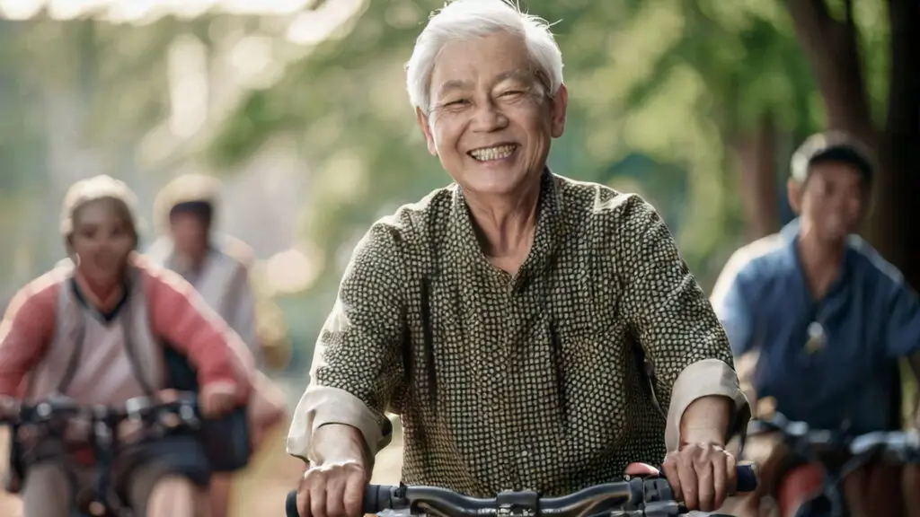 An elderly person cycling outdoors with family or friends, looking relaxed and happy.