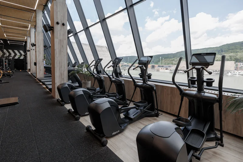 Row of Intenza elliptical trainers in modern gym with large windows overlooking scenic outdoor view