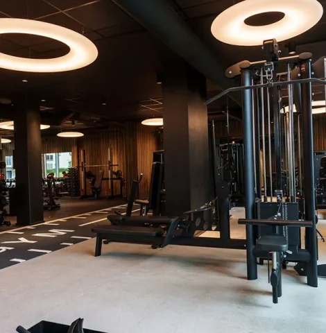 Intenza in boutique gym with wood panel walls and natural light